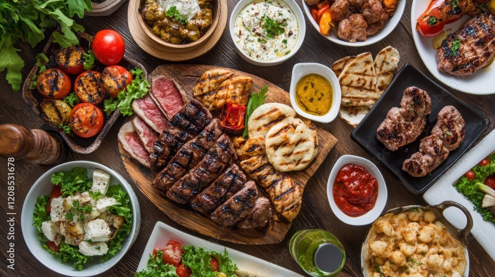 A stylish buffet spread featuring grilled meats, roasted vegetables, and sauces in a hotel dining area. A stylish buffet spread featuring grilled meats, roasted vegetables, and sauces in a hotel dining area.