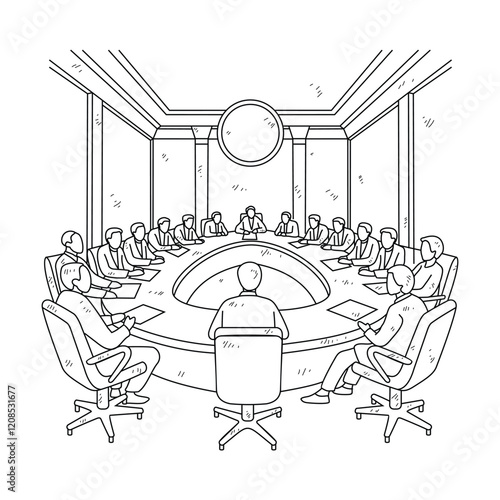 Simple sketch design drawing of Corporate Leadership Convenes: Inside the Executive Boardroom. The Modern Corporate Boardroom Where Vision Meets Decision illustration in simple sketch business design.