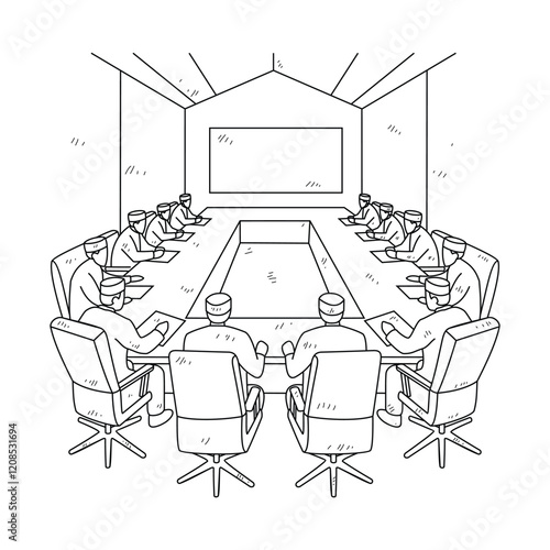 Simple sketch design drawing of Corporate Leadership Convenes: Inside the Executive Boardroom. The Modern Corporate Boardroom Where Vision Meets Decision illustration in simple sketch business design.