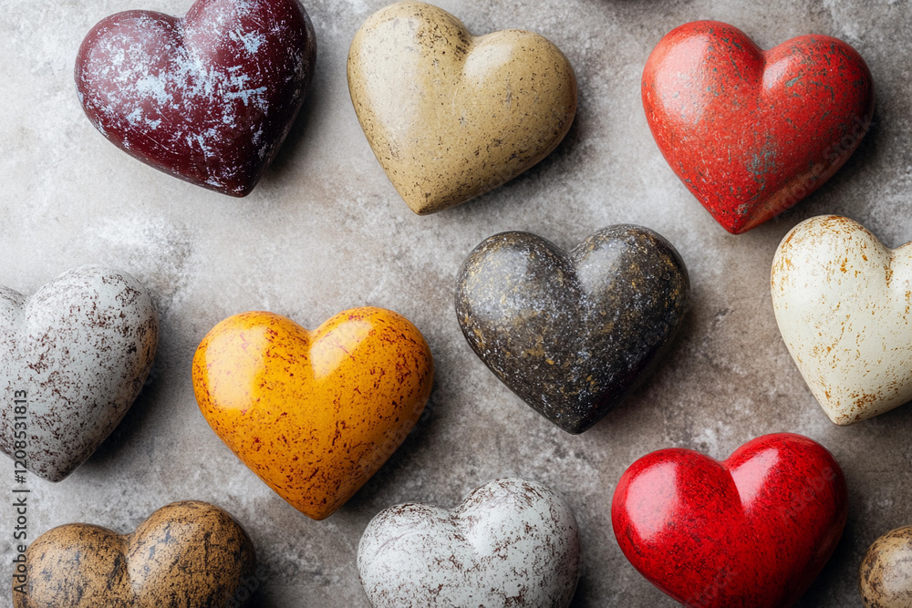 Obraz premium Colorful heart-shaped stones arranged on a gray surface create a vibrant and artistic display