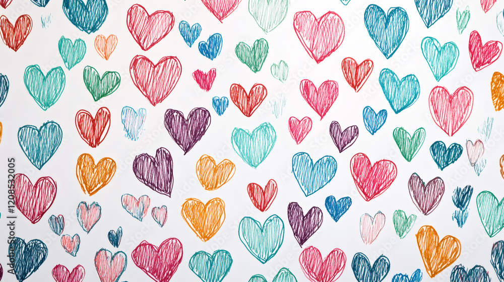 Colorful hand-drawn hearts creating a vibrant pattern on a white background, perfect for Valentine's Day projects Colorful hand-drawn hearts creating a vibrant pattern on a white background, perfect for Valentine's Day projects