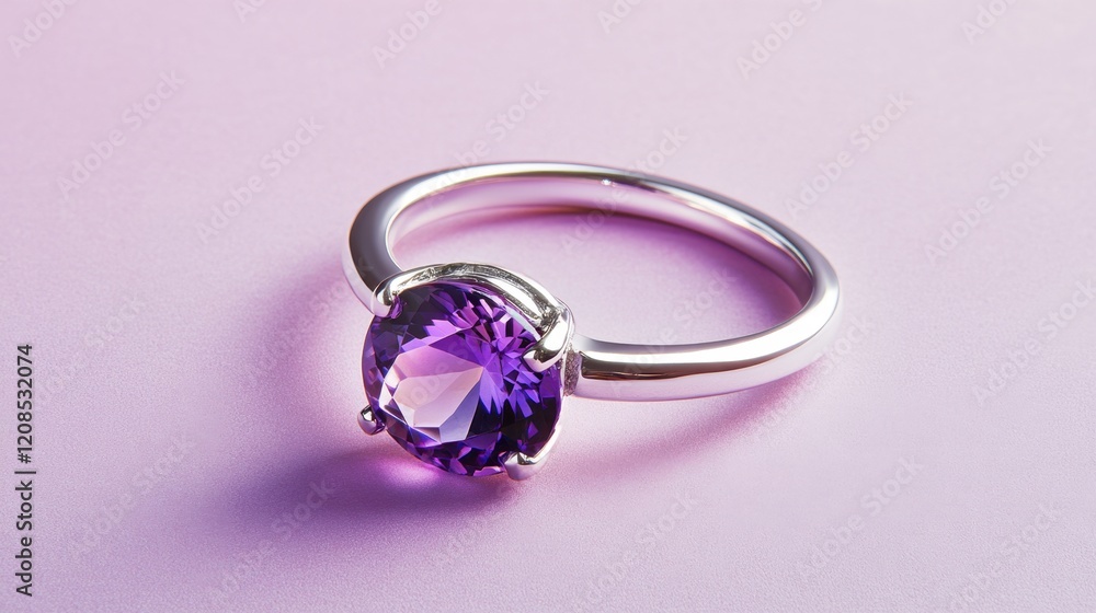 A vibrant amethyst ring on a soft lilac and silver gradient background. A vibrant amethyst ring on a soft lilac and silver gradient background.