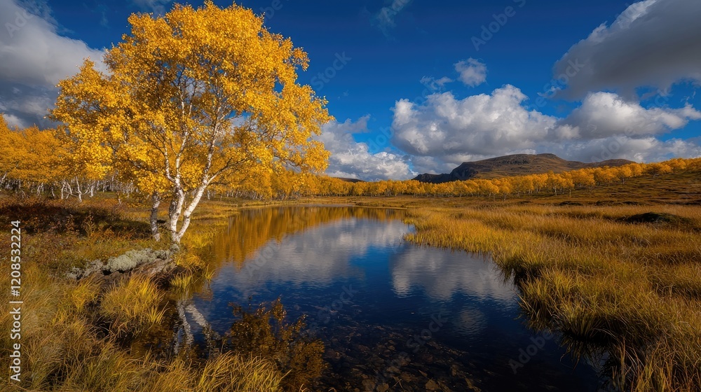 Fototapeta premium Golden autumn birch tree reflecting in calm lake, mountain background, scenic landscape photography for nature, travel, and environmental publications