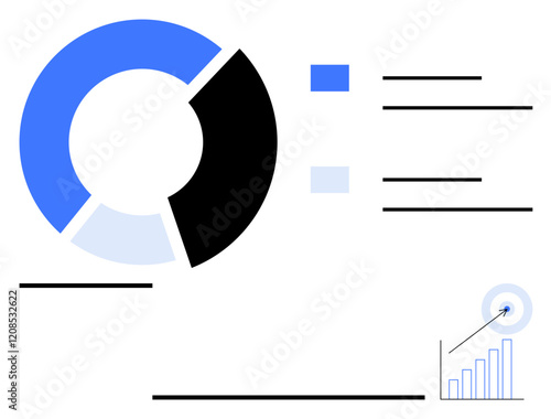 Blue and black segmented pie chart with a simple bar graph, lines, and text blocks. Ideal for business reports, performance trends, education, market research, strategy planning, infographic designs