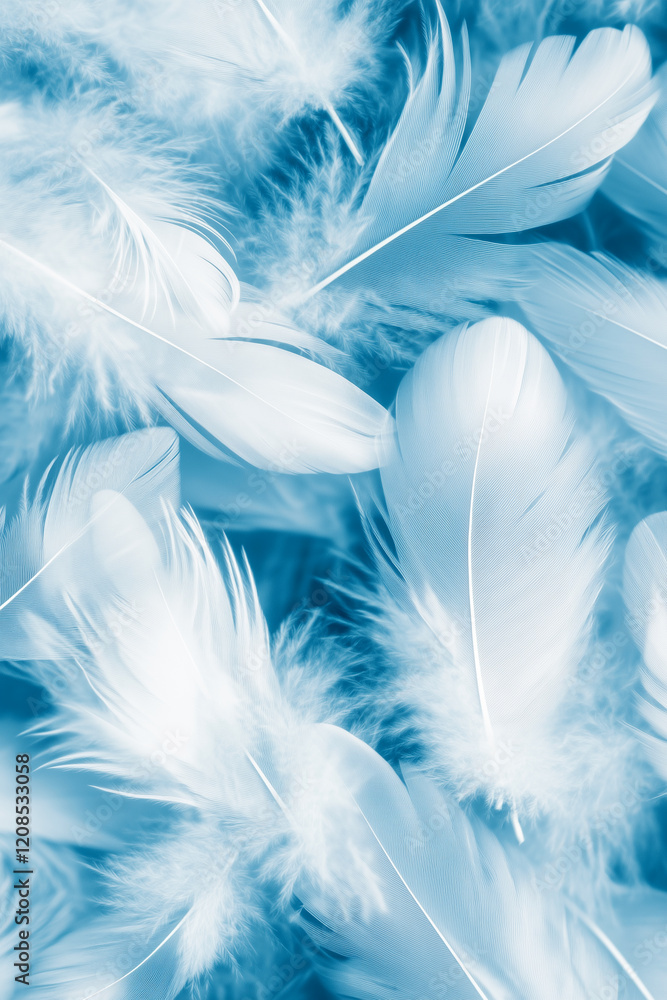 Obraz premium Fluffy white bird feathers blue alternative photography in cyanotype style