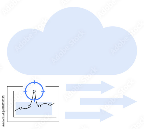 Cloud with arrows indicating data movement, line chart with data points and target crosshair. Ideal for analytics, data transfer, cloud computing, business insights, forecasting, digital
