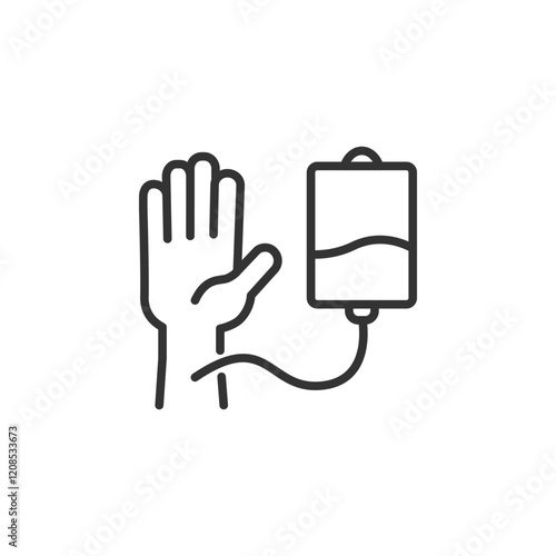 Minimalist line art icon of intravenous therapy with arm and iv drip on white background