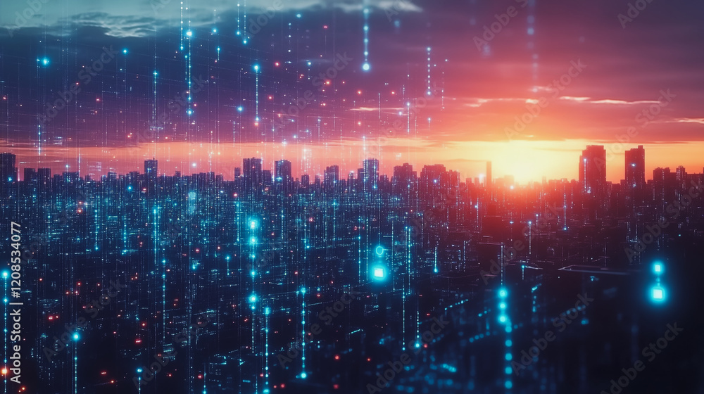 Obraz premium Smart digital Innovation city with connection network reciprocity over the cityscape. of future smart wireless digital city and social media networking systems that connects people with in city