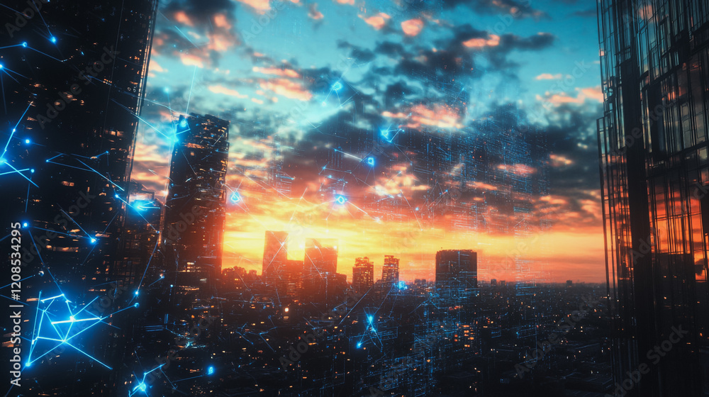 Fototapeta premium Smart digital Innovation city with connection network reciprocity over the cityscape. of future smart wireless digital city and social media networking systems that connects people with in city