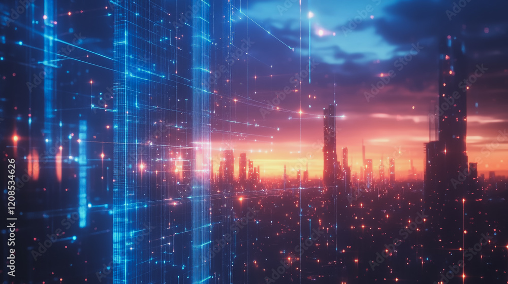 Fototapeta premium Smart digital Innovation city with connection network reciprocity over the cityscape. of future smart wireless digital city and social media networking systems that connects people with in city