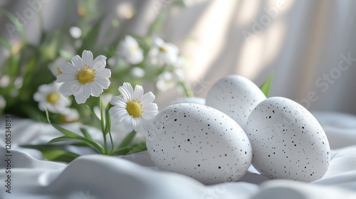 Elegant easter eggs and white flowers on soft fabric background