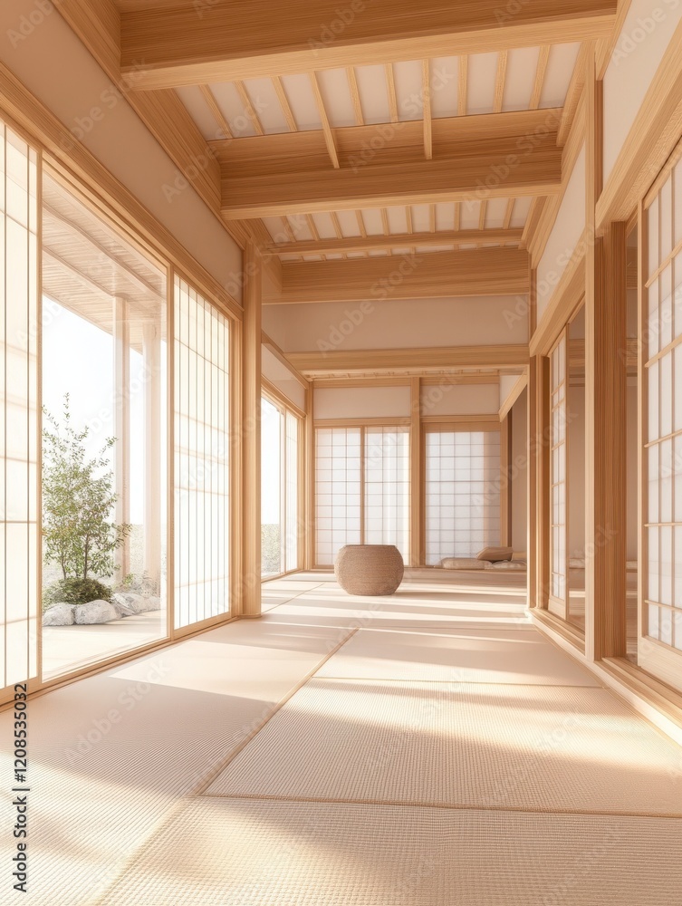 Obraz premium Trendy minimalistic japandi modern interior in beige tones. Home fashion 2023. Spacious living room. Photorealistic illustration generated by AI.