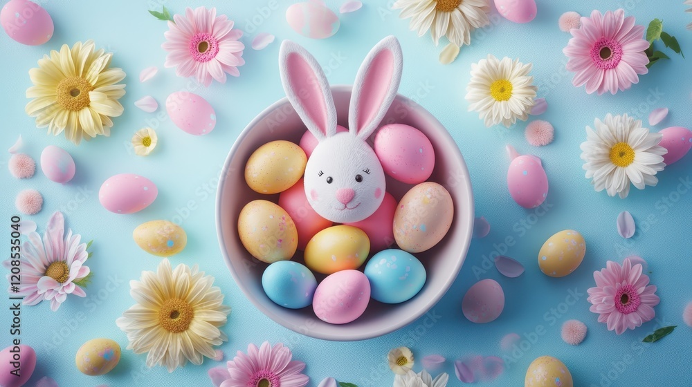 Obraz premium Pastel easter arrangement with bunny and eggs for holiday decor