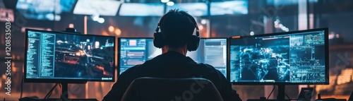 Focused Gamer in Dark Command Center, Triple Monitor Setup photo