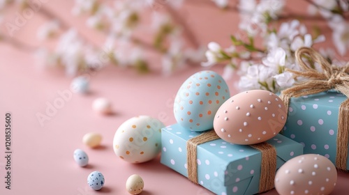 Easter eggs and gifts with spring blossoms for festive decoration