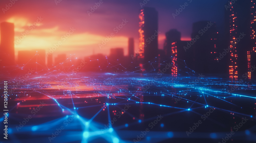 Obraz premium Smart digital Innovation city with connection network reciprocity over the cityscape. of future smart wireless digital city and social media networking systems that connects people with in city