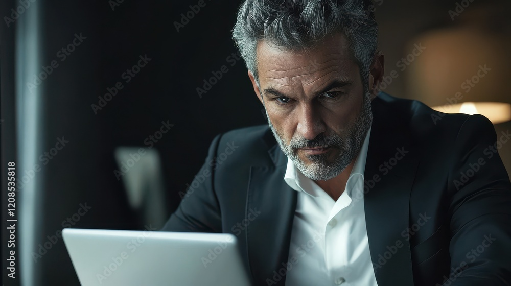 Serious busy elegant mature businessman corporate leader successful ceo executive manager thinking of online business planning financial market strategy, using laptop computer sitting at office table Serious busy elegant mature businessman corporate leader successful ceo executive manager thinking of online business planning financial market strategy, using laptop computer sitting at office table
