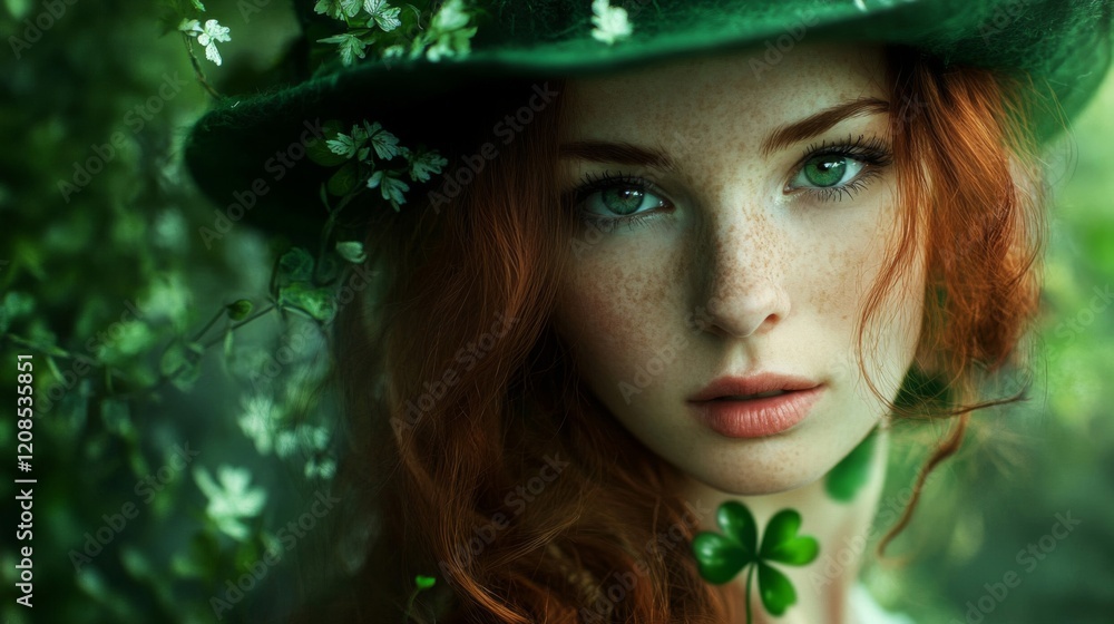 Enchanted Redhead Woman in a Green Floral Hat Enchanted Redhead Woman in a Green Floral Hat