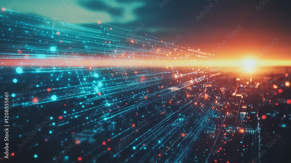 Obraz premium Smart digital Innovation city with connection network reciprocity over the cityscape. of future smart wireless digital city and social media networking systems that connects people with in city