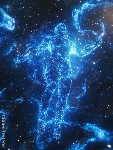 A 3D rendering of a glowing human figure with outstretched arms surrounded by swirling blue energy and a starry background.