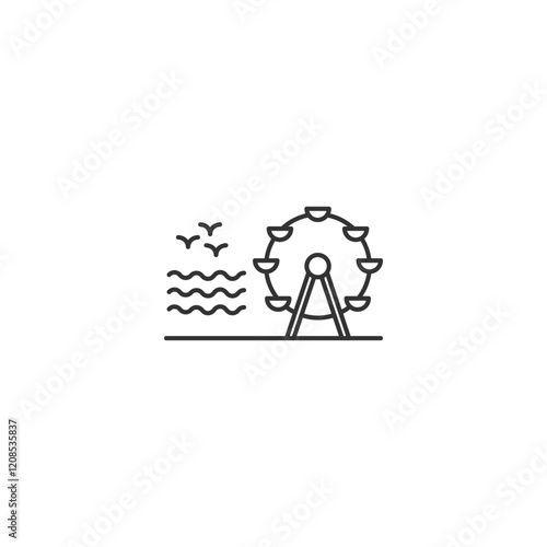 Minimalist ferris wheel icon with ocean waves and birds