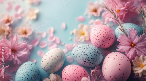 Vibrant easter greeting card with colorful eggs and spring blossoms