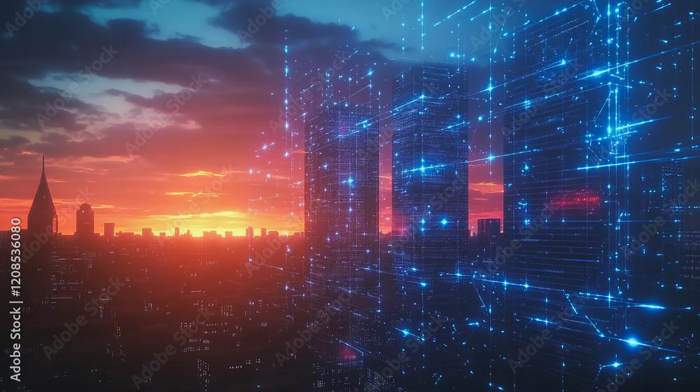 Obraz premium Smart digital Innovation city with connection network reciprocity over the cityscape. of future smart wireless digital city and social media networking systems that connects people with in city