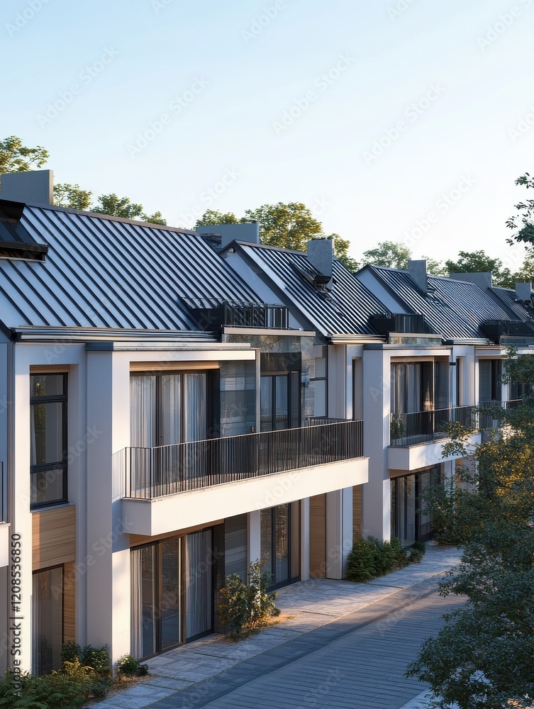 A row of modern townhouses with gray metal roofs and white walls, each house has an exterior balcony on the second floor Generative AI A row of modern townhouses with gray metal roofs and white walls, each house has an exterior balcony on the second floor Generative AI