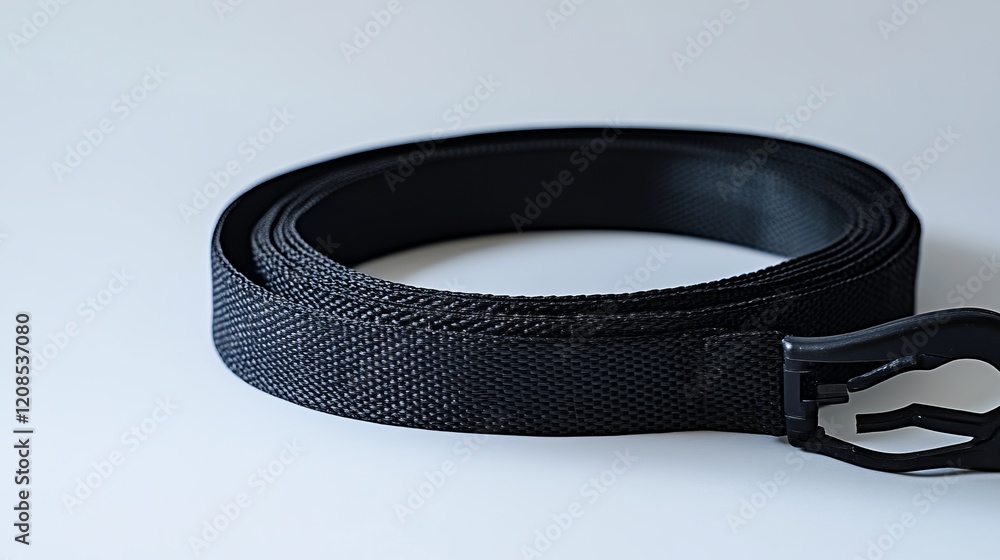 A rolled strap in black, equipped with plastic hooks, ideal for securing items like luggage, gear, or electrical cables A rolled strap in black, equipped with plastic hooks, ideal for securing items like luggage, gear, or electrical cables