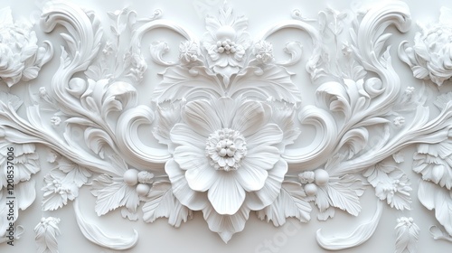 Exquisite white floral relief with intricate patterns and symmetrical designs