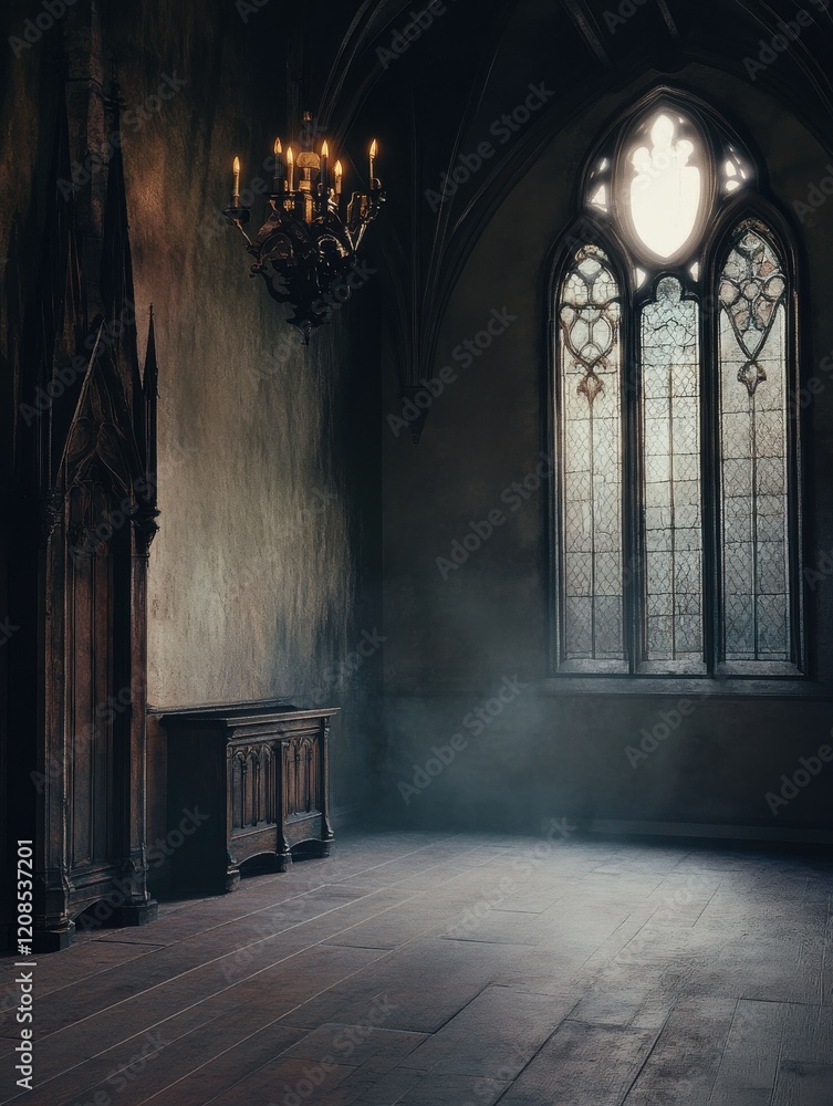 Fototapeta premium old interior with dark gothic castle, old castle with a wooden lamp