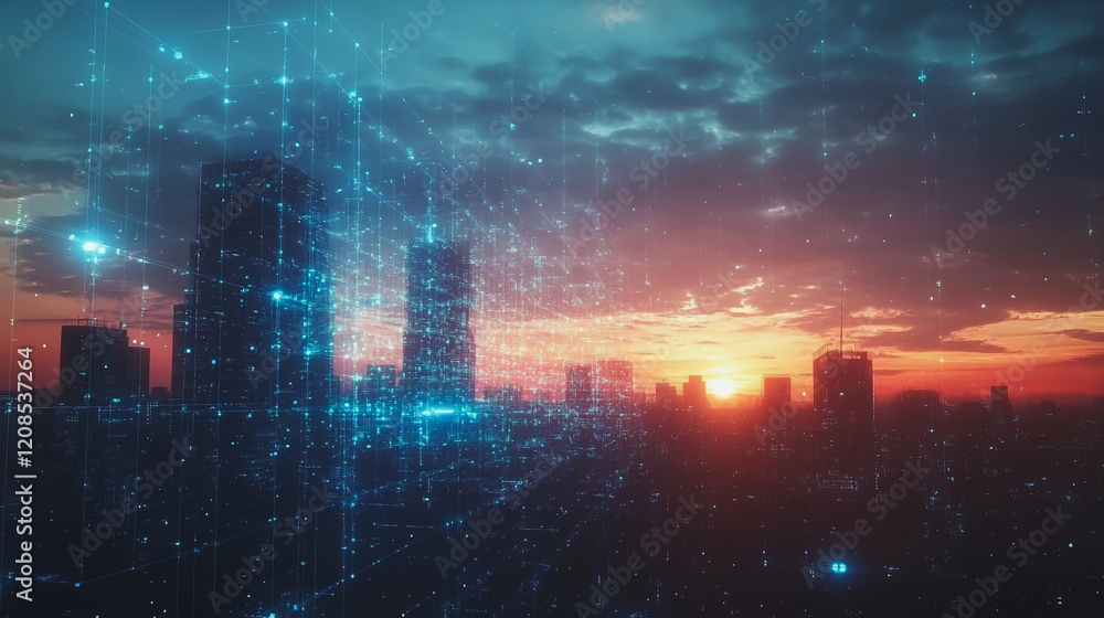 Obraz premium Smart digital Innovation city with connection network reciprocity over the cityscape. of future smart wireless digital city and social media networking systems that connects people with in city