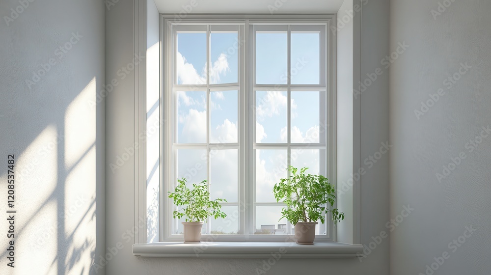 Fototapeta premium Sunlit window with potted plants on bright day