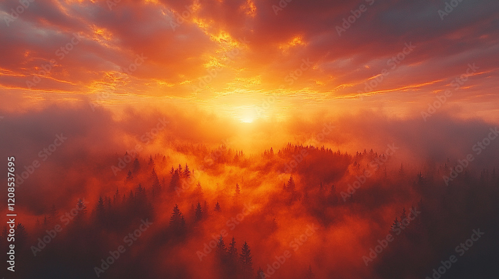 Fototapeta premium Mist rises from the forest floor at dawn, creating an air of mystery and renewal, with a soft blurred background offering space for contemplation or artistic expression