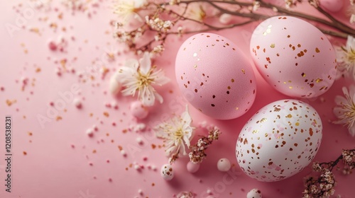 Elegant pink and rose gold easter eggs on soft pink background for spring