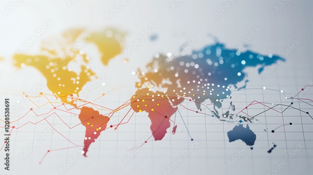 Fototapeta premium Illustration of Global Network Connections on Stylized World Map