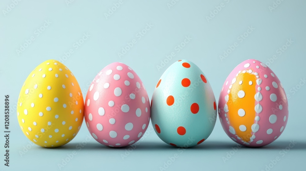 Fototapeta premium Vibrant polka dot easter eggs on blue background for holiday decor