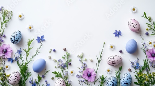 Beautiful easter banner with spring flowers and speckled eggs for festive decoration