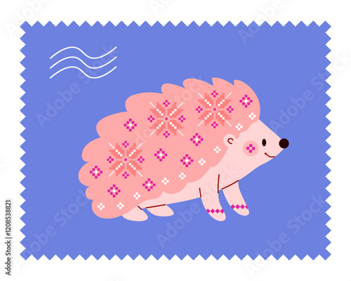 Forest animal hedgehog in minimalist monochrome style with folklore national patterns of Norwegian knitted sweaters lopapeysa on postage stamp. Vector cute illustration for poster, label, handicraft.