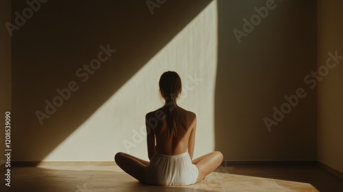 A woman sits cross-legged on the floor, enveloped in a dark room, where a faint beam of natural light filters through a small window, accentuating her solitude and introspection