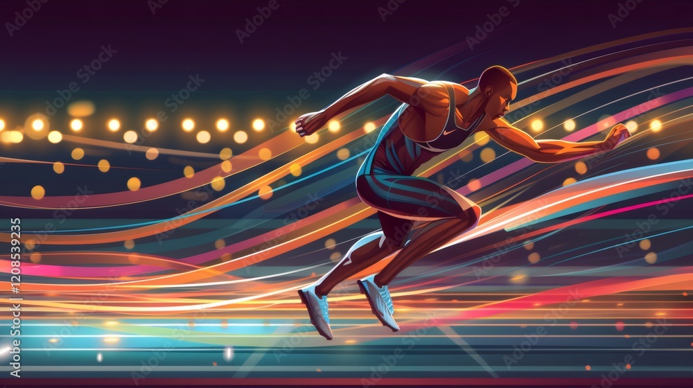 Professional runner accelerating on brightly lit track, motion blur capturing explosive speed and vibrant athletic movement Professional runner accelerating on brightly lit track, motion blur capturing explosive speed and vibrant athletic movement