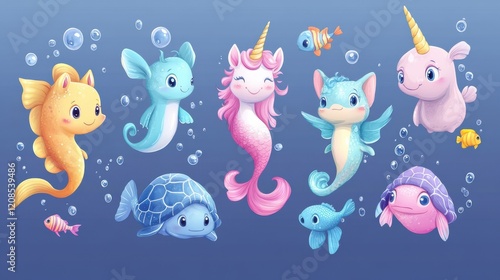 Sea cartoon unicorn. Mermaid character, fish and seahorse. Cartoon cat with mermaids tail, underwater turtle and creature. Mythical nowaday vector sea kit photo