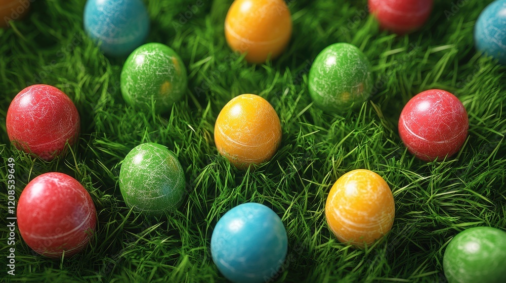 Fototapeta premium Colorful easter eggs arranged on lush green grass for festive decoration