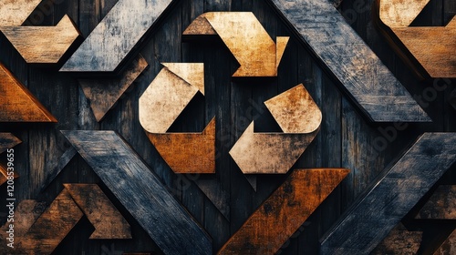 Geometric wooden pattern with metallic finishes and arrow motifs