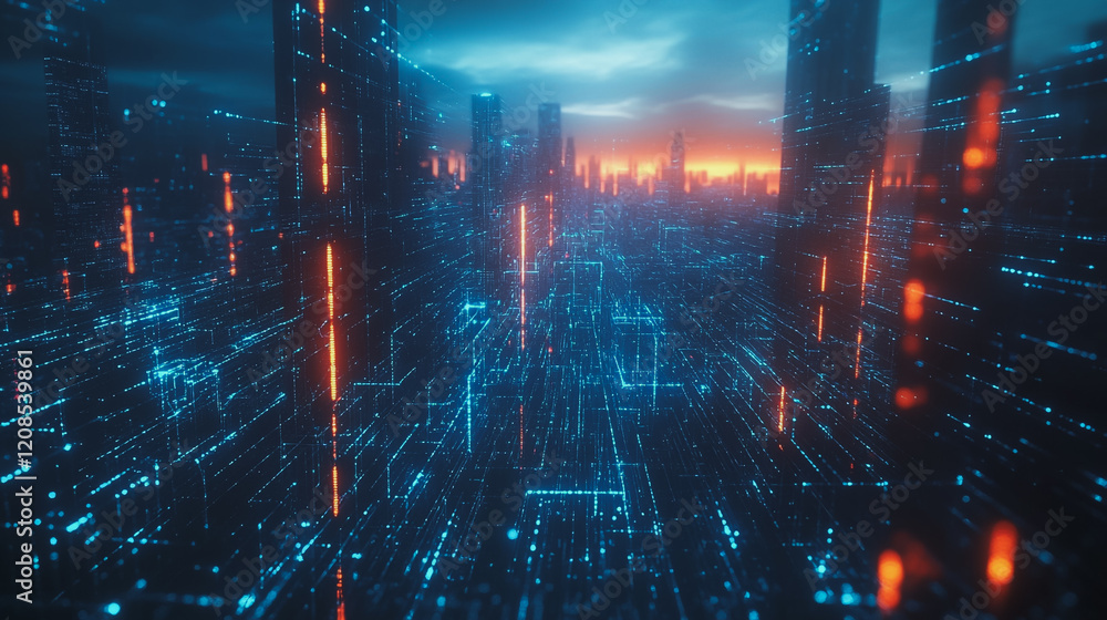Obraz premium Smart digital Innovation city with connection network reciprocity over the cityscape. of future smart wireless digital city and social media networking systems that connects people with in city