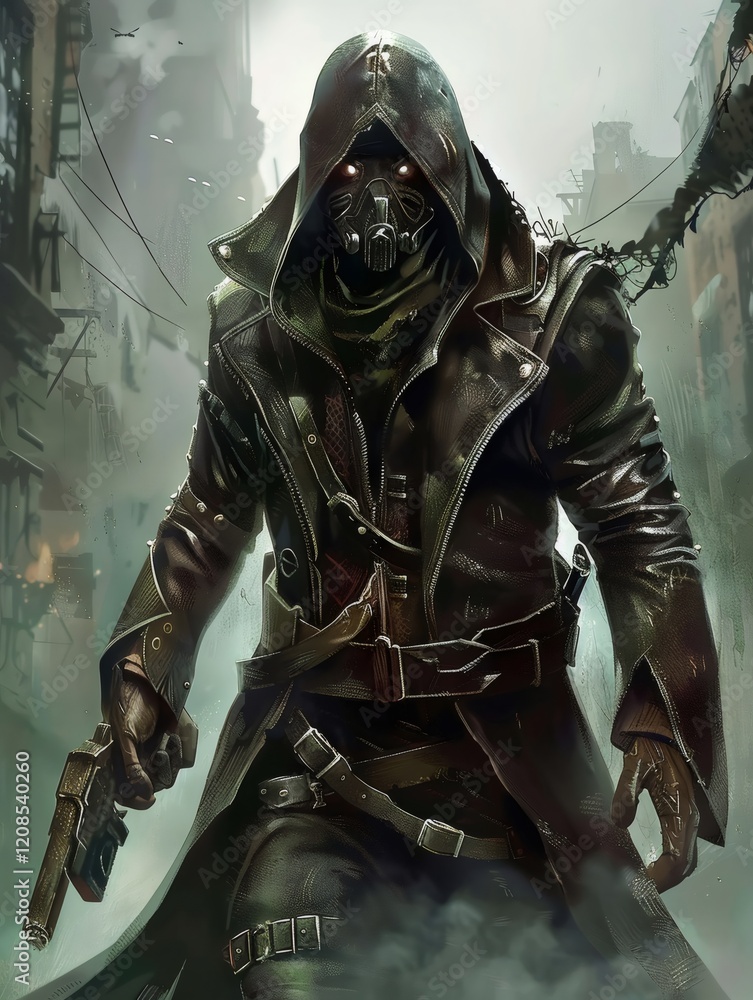 Fototapeta premium Post apocalyptic bounty hunter walking in ruined city, holding gun, wearing mask and hood