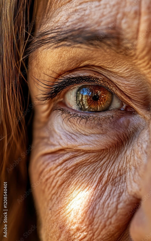 A detailed close-up captures the eye of an older woman, showcasing vibrant colors, wrinkles, and the depth of experience reflecting in her gaze under soft sunlight A detailed close-up captures the eye of an older woman, showcasing vibrant colors, wrinkles, and the depth of experience reflecting in her gaze under soft sunlight