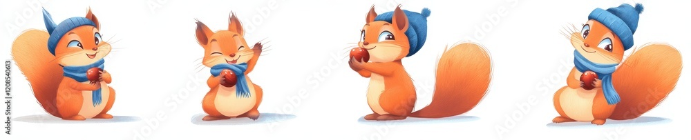 Obraz premium Playful fox characters wearing winter scarves and hats, holding acorns in a cozy and cheerful seasonal setting
