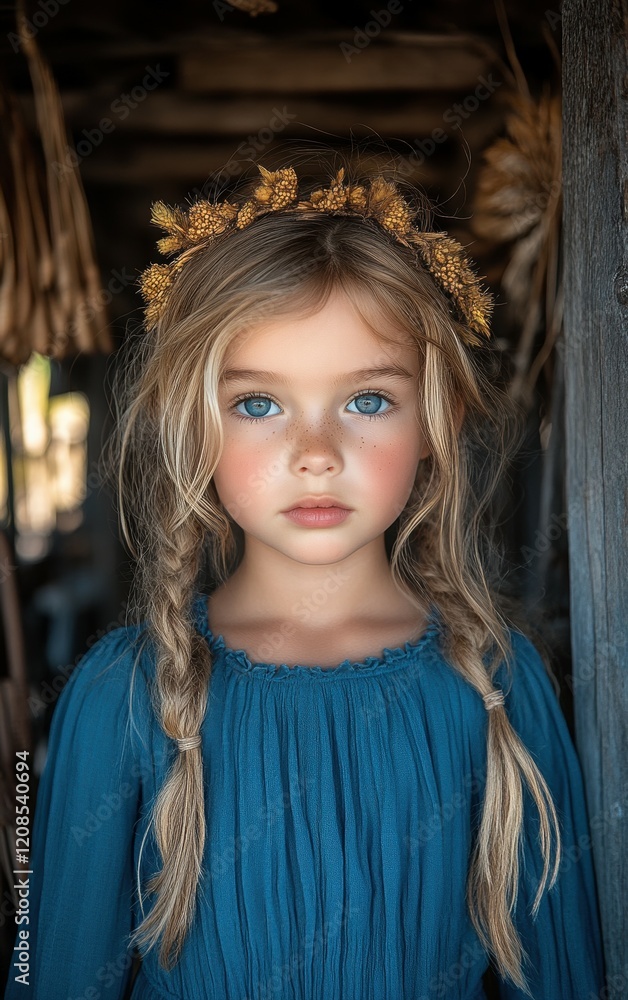 A young girl stands confidently, wearing a blue dress, with braids and a delicate crown of flowers. Sunlight enhances her striking blue eyes and serene expression in a charming rustic environment A young girl stands confidently, wearing a blue dress, with braids and a delicate crown of flowers. Sunlight enhances her striking blue eyes and serene expression in a charming rustic environment