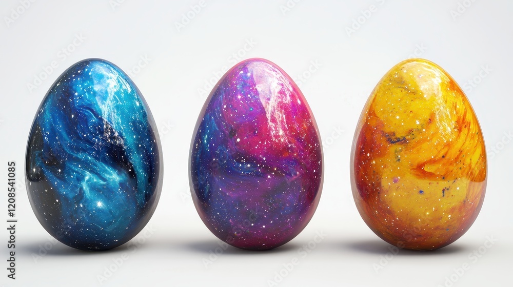 Cosmic easter eggs on white background for easter celebration and design Cosmic easter eggs on white background for easter celebration and design
